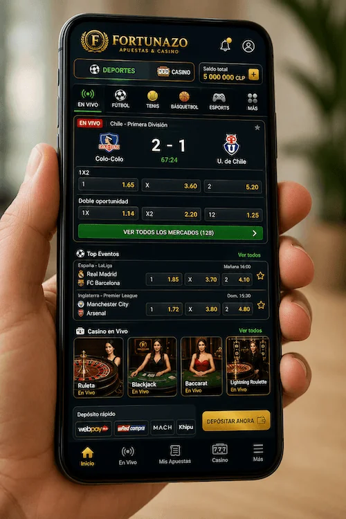 Aplicación móvil de Fortunazo con apuestas de fútbol en vivo, cuotas deportivas, juegos de casino y opciones de depósito en Chile.