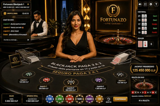 Mesa de blackjack en vivo de Fortunazo con dealer, apuestas, fichas, historial de partidas y jackpot progresivo.