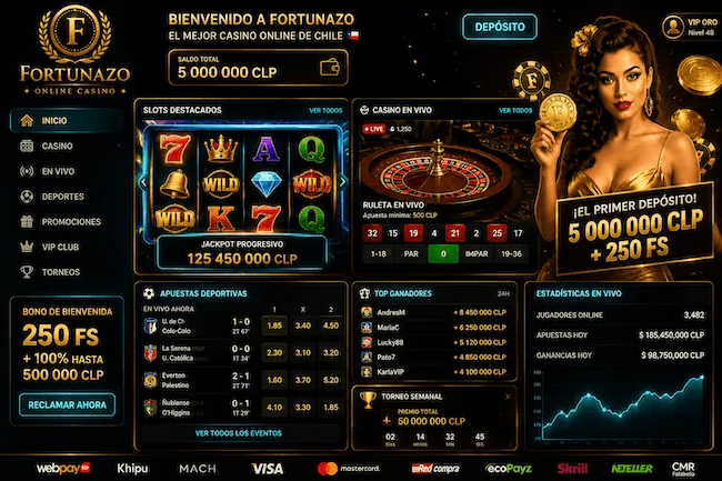 Página principal de Fortunazo Casino Online con tragamonedas, ruleta en vivo, apuestas deportivas, jackpot y bono de bienvenida en Chile.